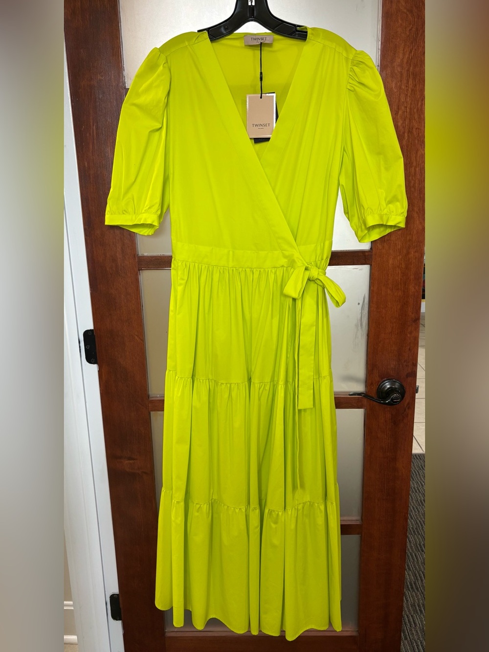Twin-Set Neon Lime Wrap Maxi Dress with Puff Sleeves